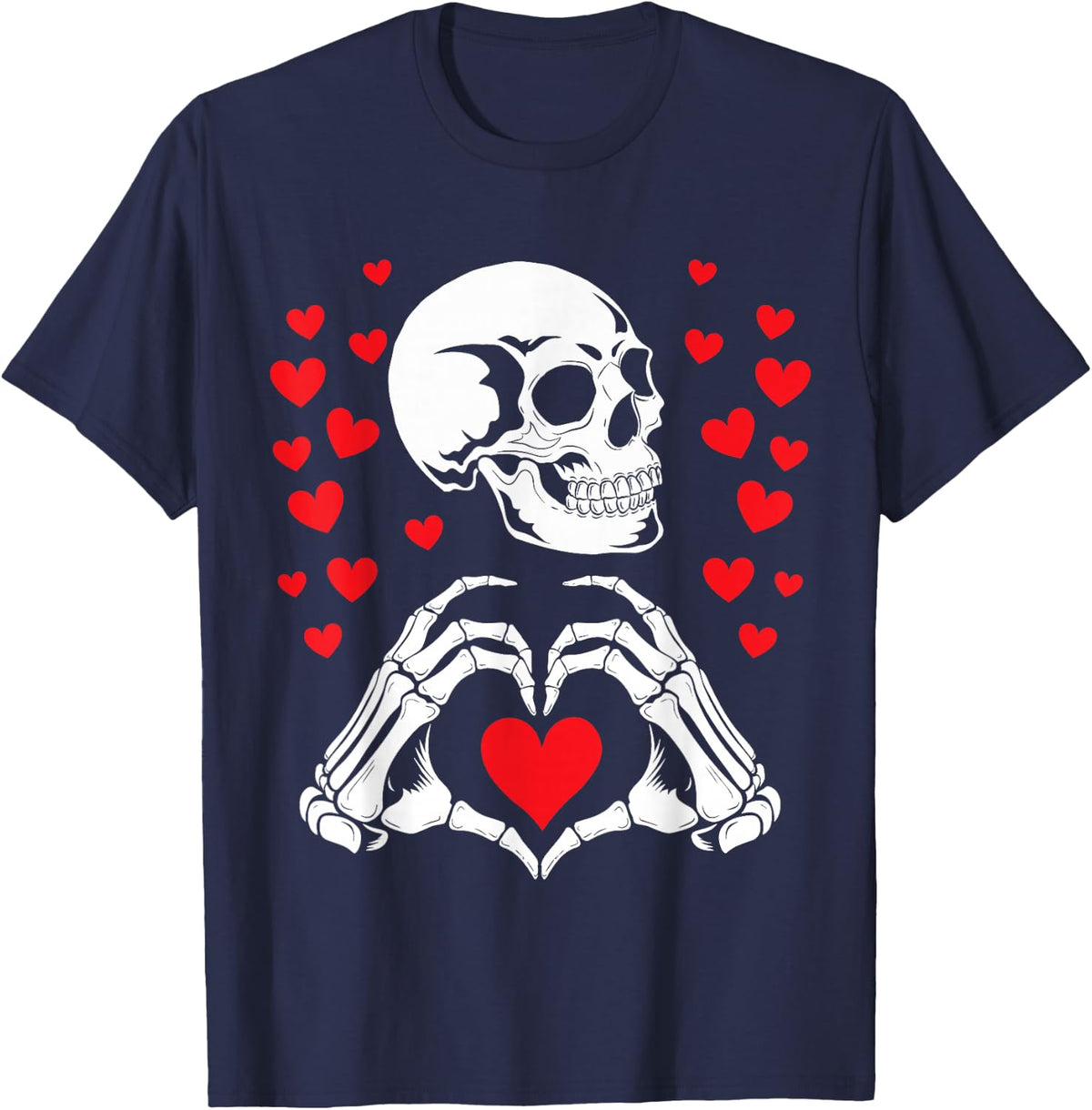 Skeleton Skull Hands Heart Valentines Day Funny Bones Love T-Shirt - Navy Blue