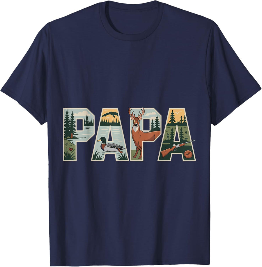 PAPA Hunting Deer Duck Rifle Outdoor Landscape Father's Day T-Shirt - Navy Blue
