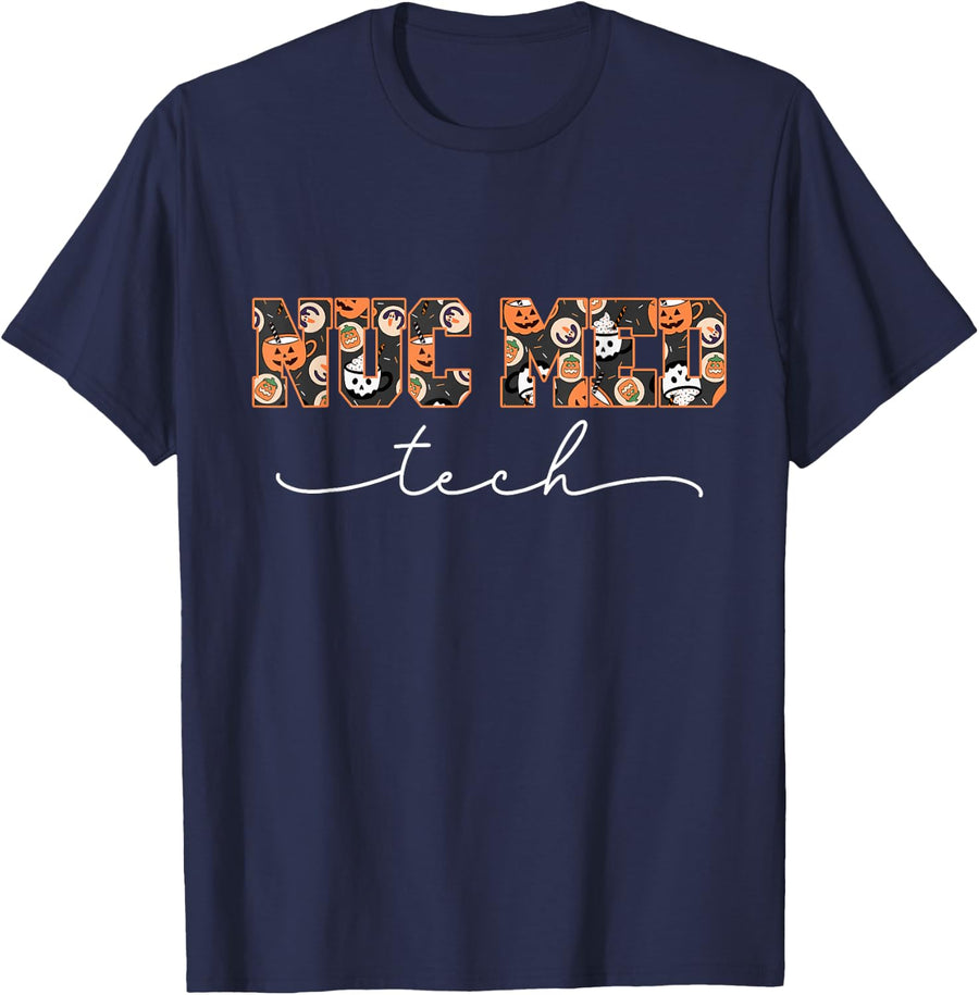 Retro Nuc Med Tech Pumpkin Nuclear Medicine Spooky Halloween T-Shirt - Navy Blue