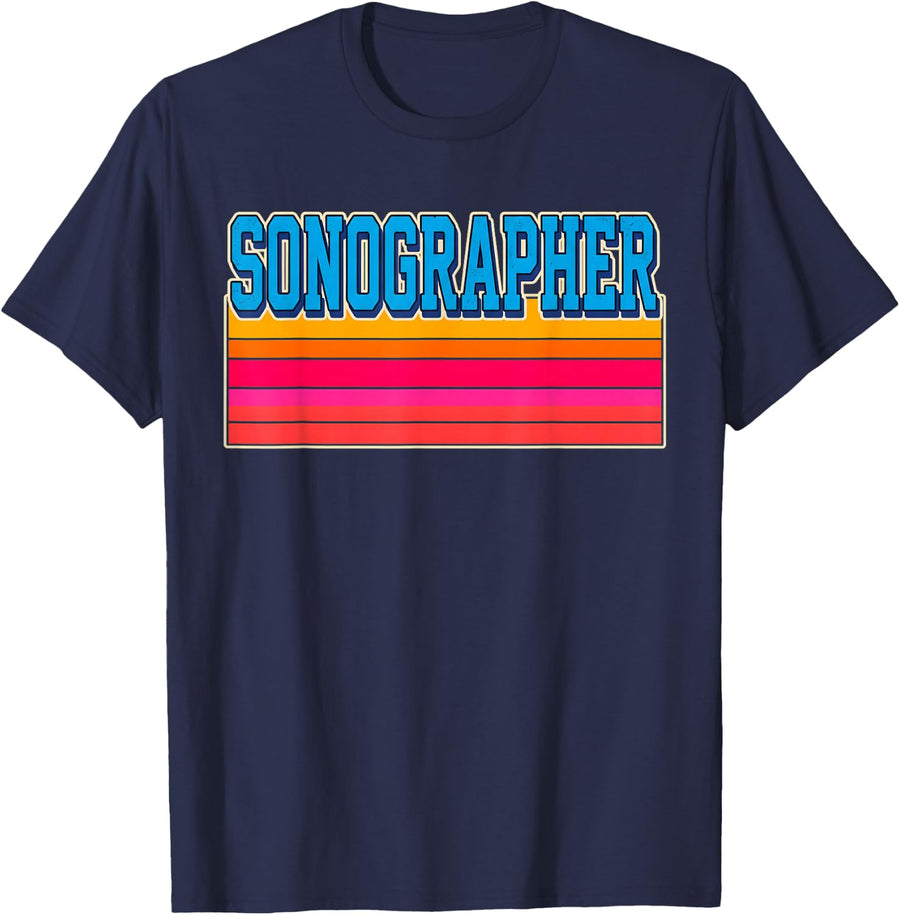 Sonographer Retro Striped Sunset Ultrasound Tech T-Shirt - Navy Blue