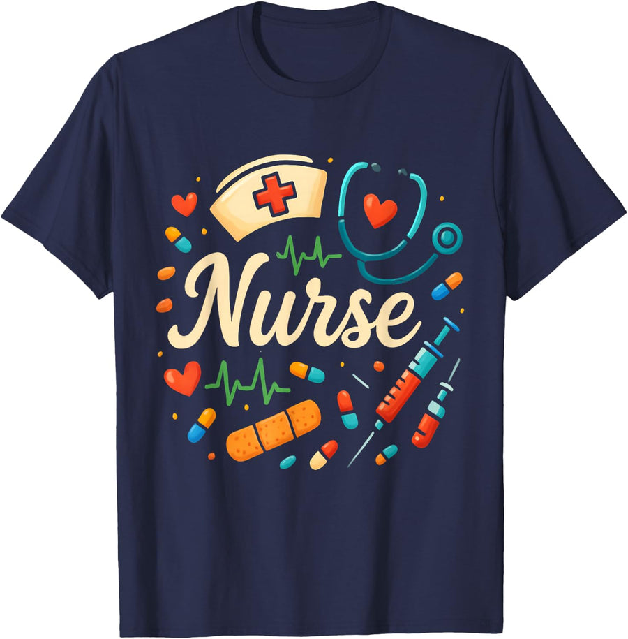 Cute Nurse Bow Stethoscope Heartbeat Aesthetic T-Shirt - Navy Blue