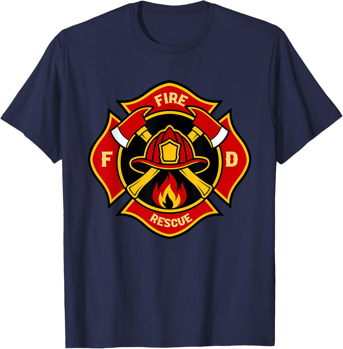 Fire Rescue Helmet and Flame Service Firefighter Emblem T-Shirt - Navy Blue