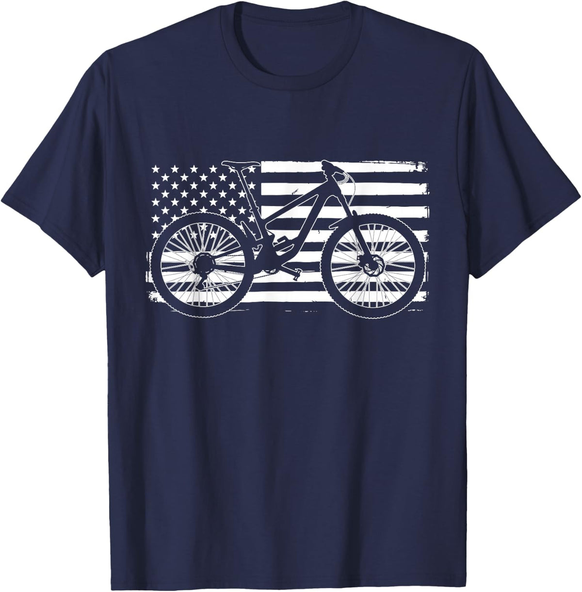 American Flag Mountain Bike Cycling Patriotic Rider T-Shirt - Navy Blue