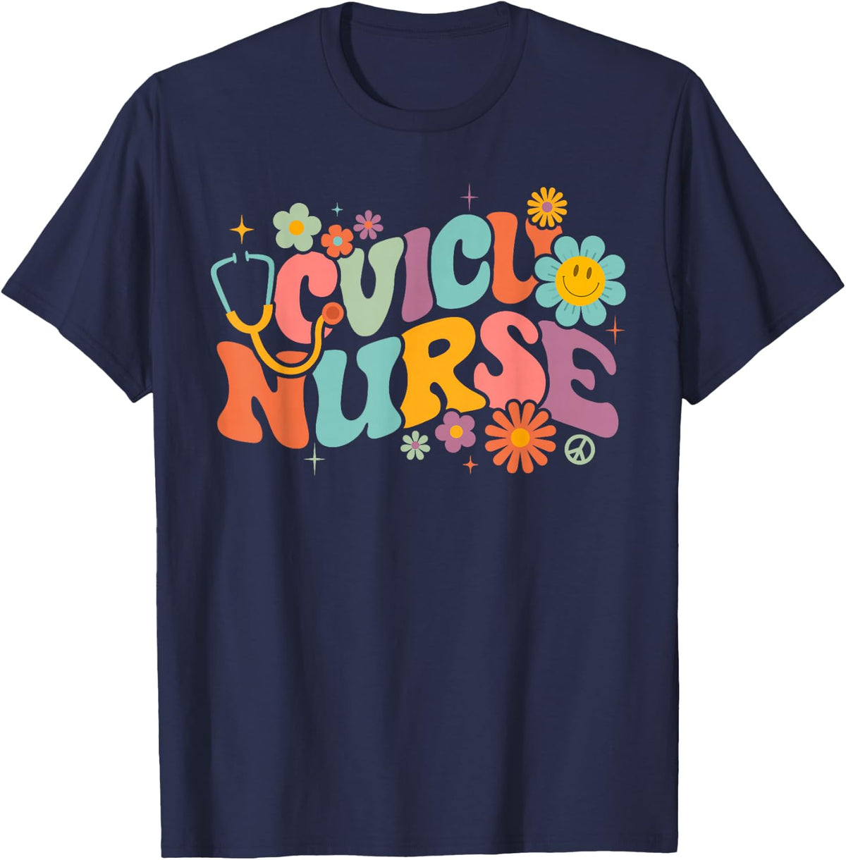 Retro Groovy CVICU Nurse Cardiovascular Intensive Care Unit T-Shirt Tee for Nurses - Navy Blue