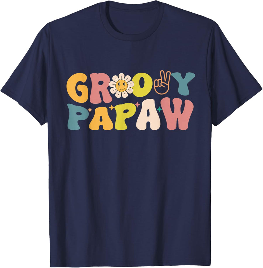 Retro Groovy Design For Papaw Matching Family Birthday Tees T Shirts - Navy Blue