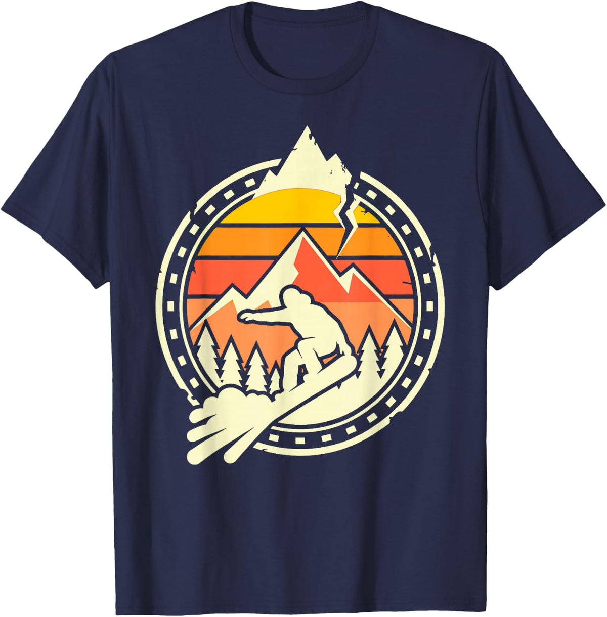 Snowboarder Retro Mountain Sunset Funny Snowboarding Fan T-Shirt - Navy Blue