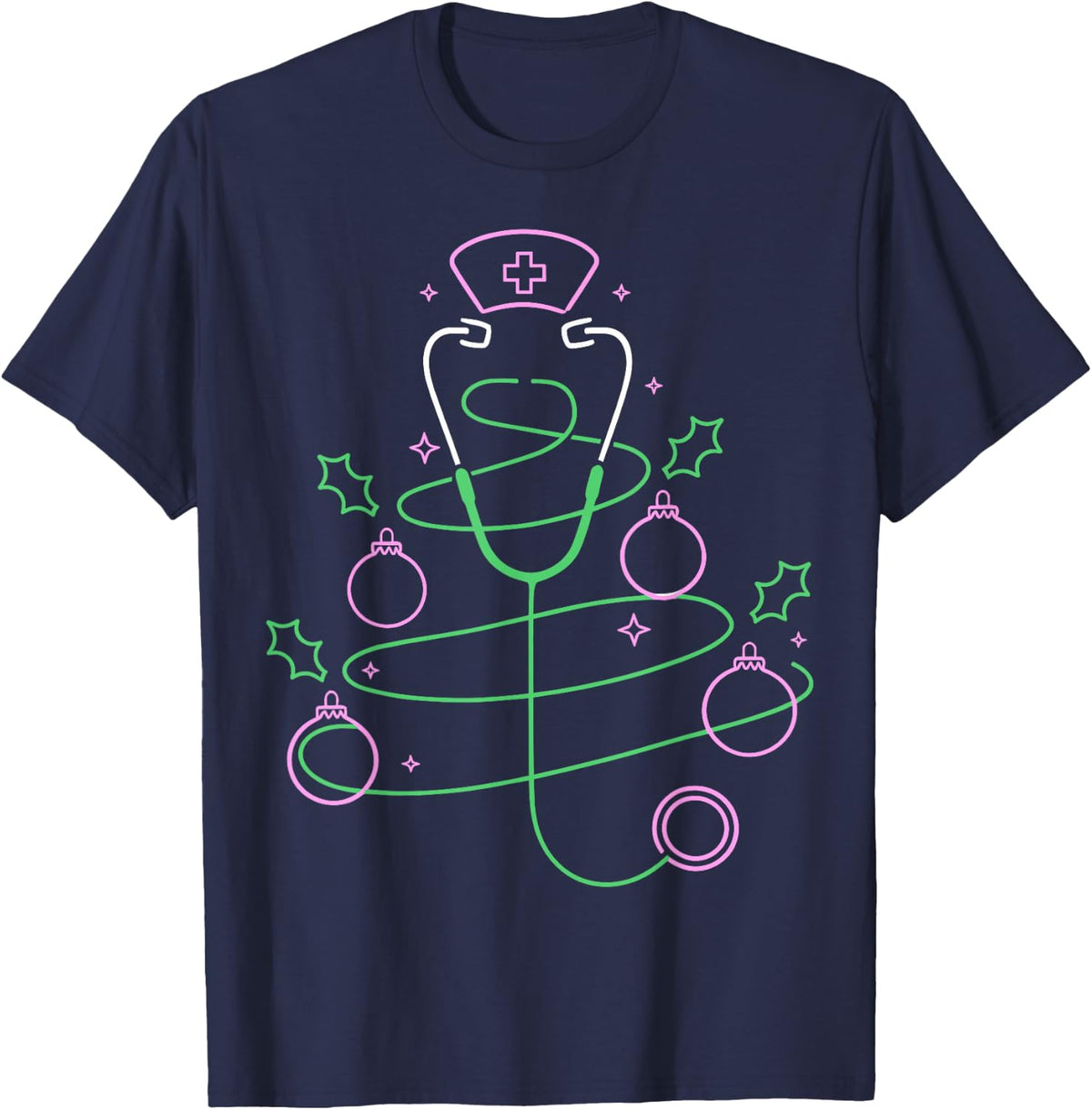 Christmas Tree Stethoscope Nurse Christmas T-Shirt - Navy Blue