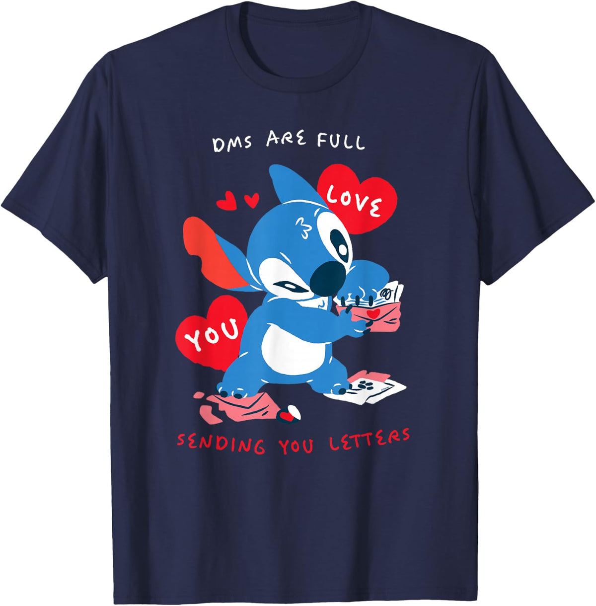 Disney Stitch Valentine's Day DMS Full, Sending You Letters T-Shirt - Navy Blue