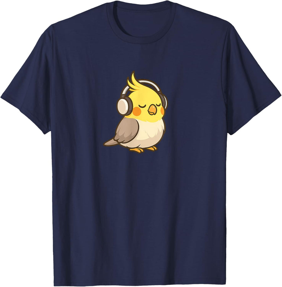 Cockatiel Bird Wearing Headphones Funny Bird Watching Pet T-Shirt - Navy Blue