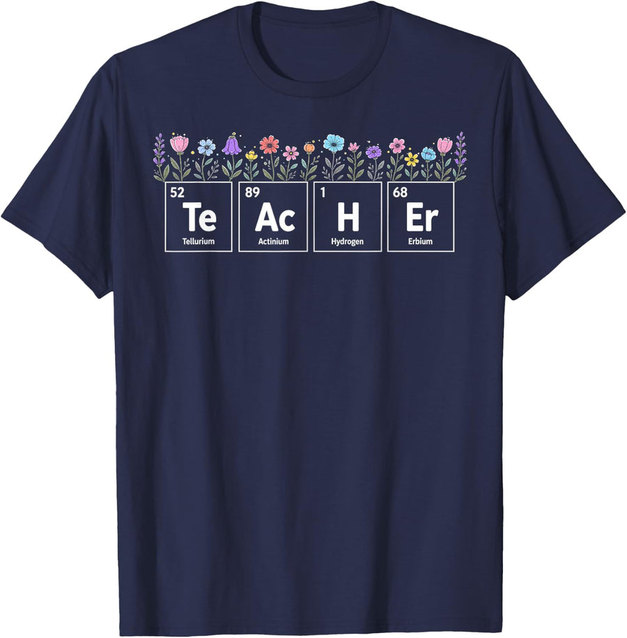 Teacher Periodic Table Floral Chemistry Science Nerd Biology T-Shirt - Navy Blue