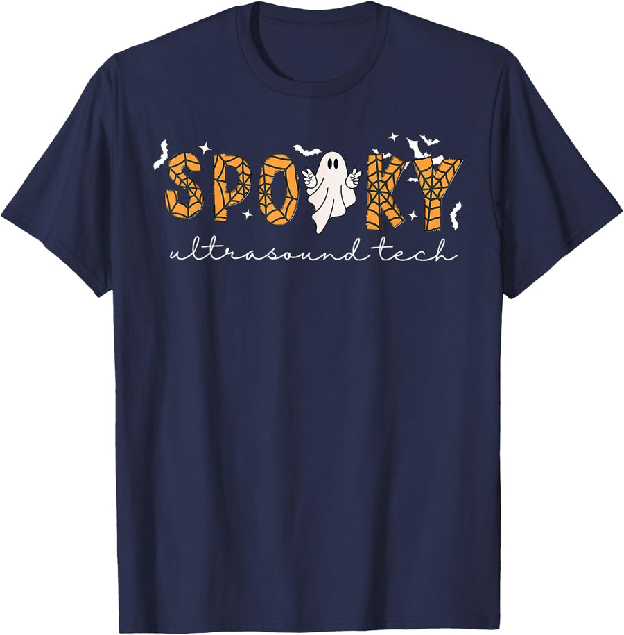 Spooky Ultrasound Tech Ghost Sonographer Halloween Season T-Shirt - Navy Blue