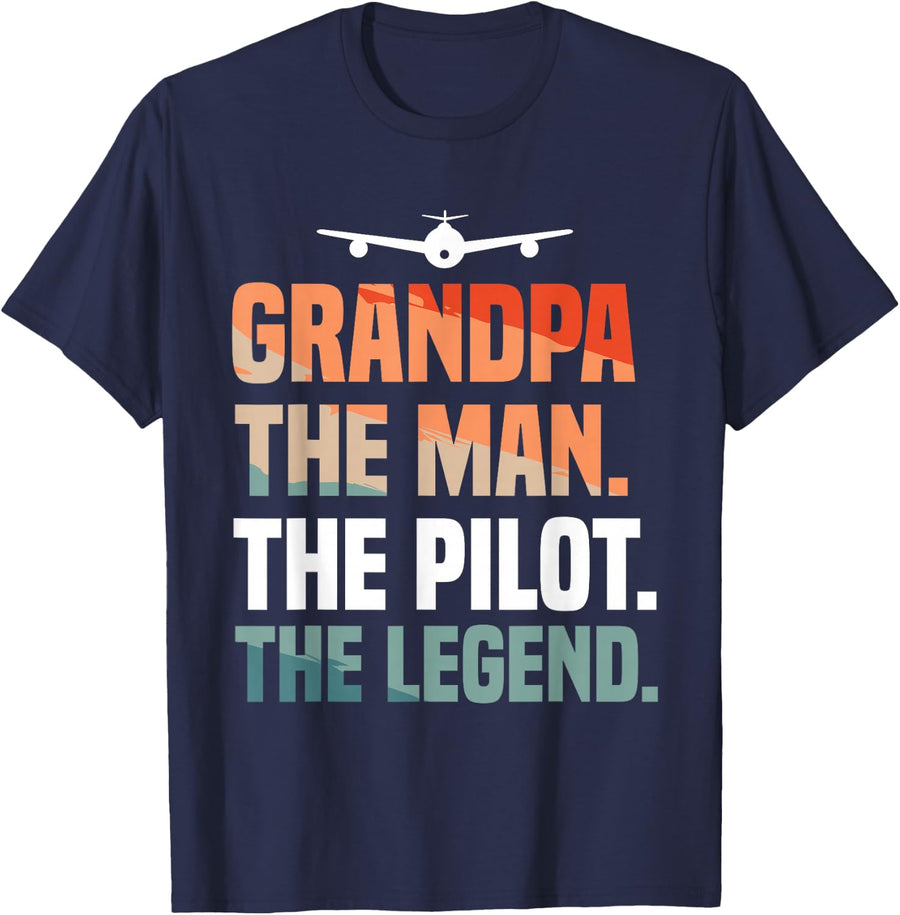 Grandpa The Man The Pilot The Legend Aviation Aviator T-Shirt - Navy Blue