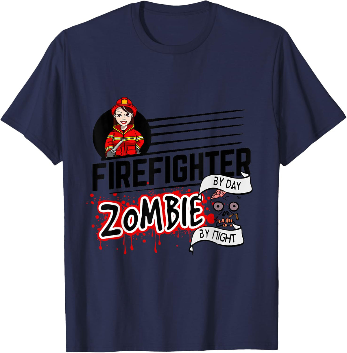 Female Firefighter by Day Zombie by Night - Halloween T-Shirt - Navy Blue
