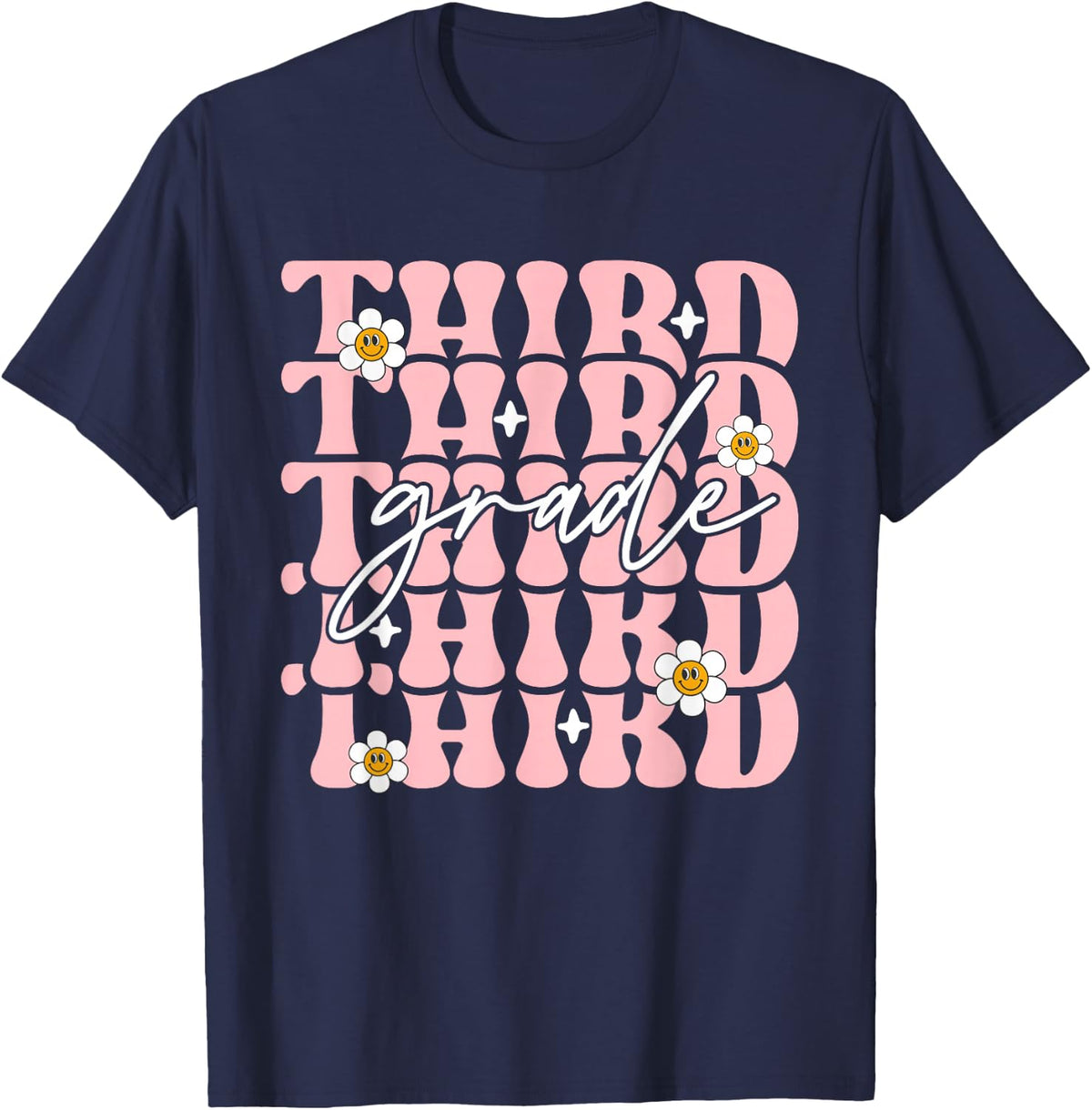 Third Grade Back to School Groovy Teacher Student Kids T-Shirt - Navy Blue