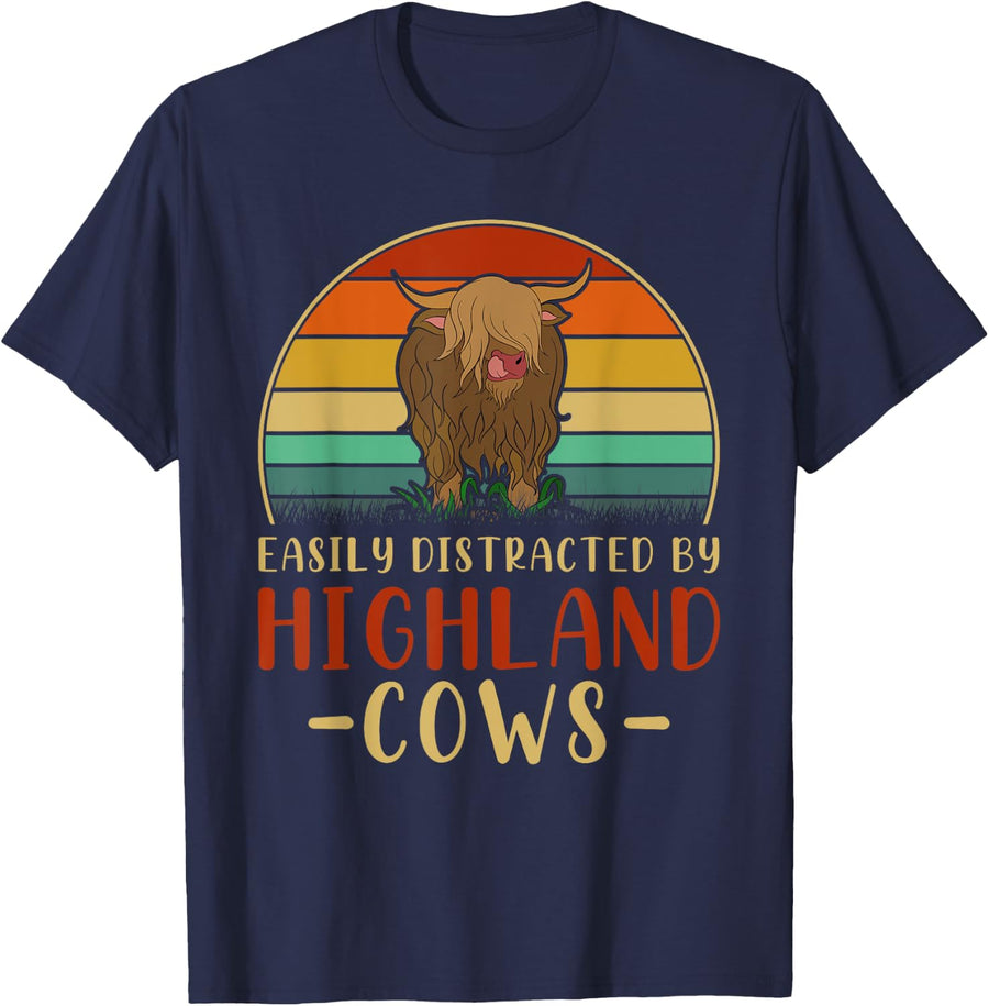 Funny Farming Farmer Gift Easily Distracted By Highland Cow T-Shirt - Navy Blue