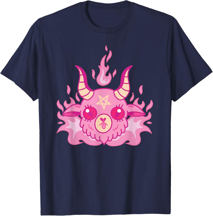 Cute Pastel Goth Creepy Pentagram Kawaii Goat T-Shirt - Navy Blue