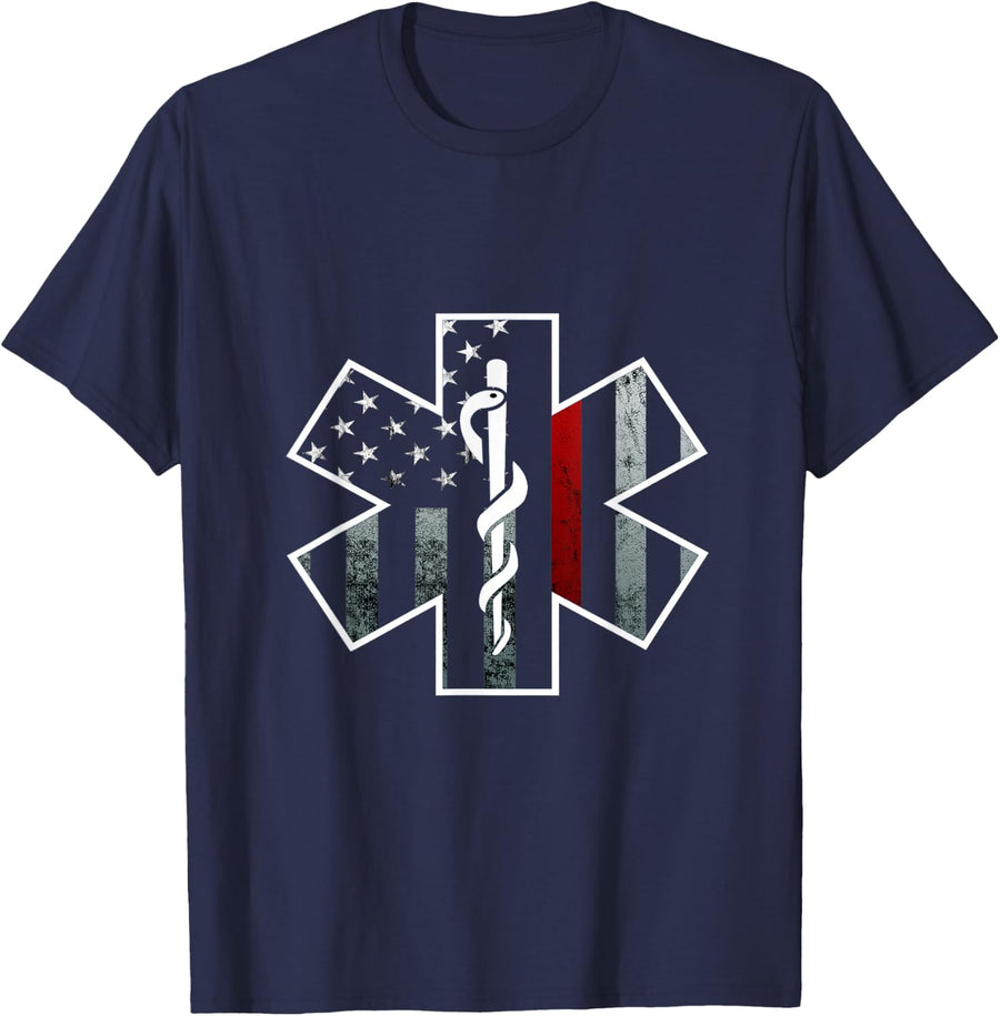 Firefighter EMS Symbol American Flag Fireman T-Shirt - Navy Blue