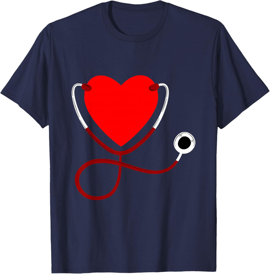 Stethoscope Heart Nurse Valentines Day Gift Nurse T-Shirt - Navy Blue