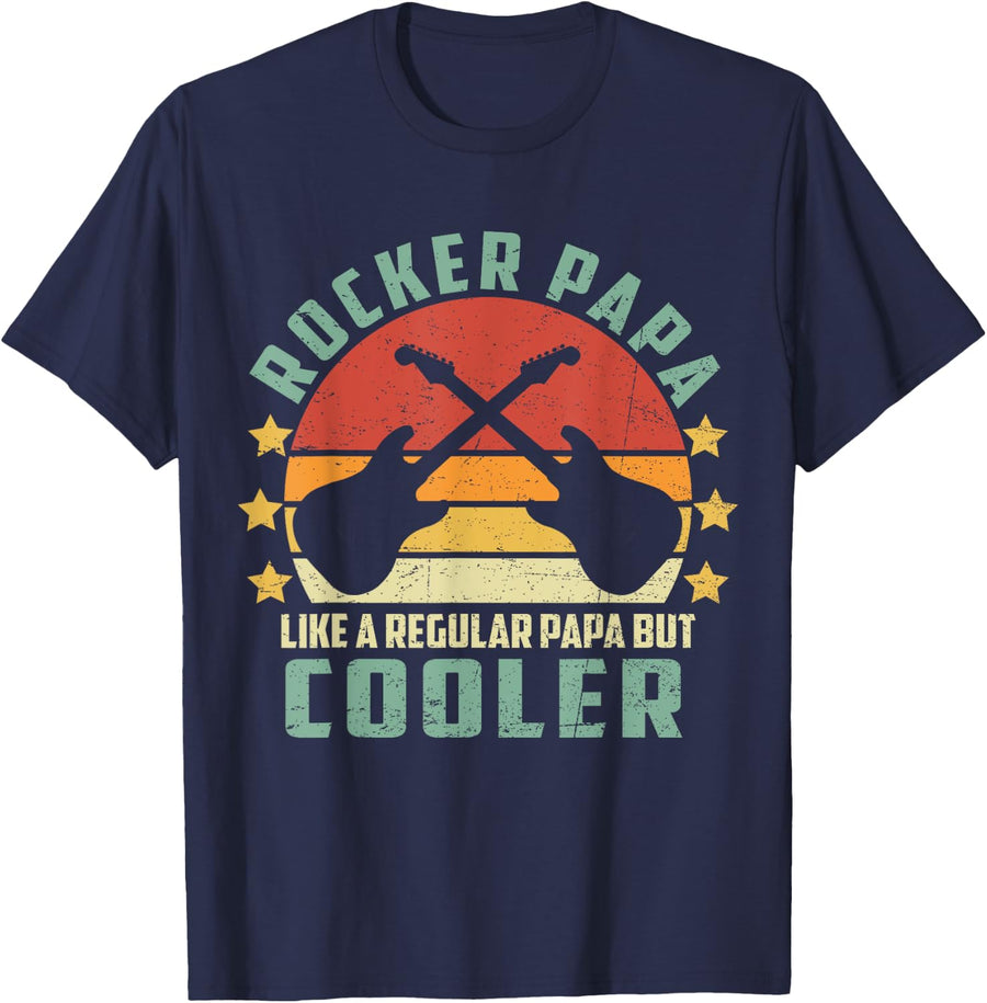 Vintage Rocker Papa Is Cooler Bass Guitar Player Guitarist T-Shirt - Navy Blue