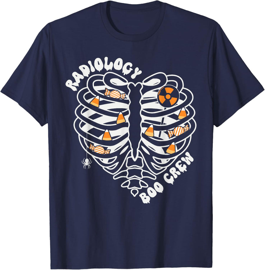Radiology Boo Crew Heart Ribcage Spooky Halloween X-ray Tech T-Shirt - Navy Blue
