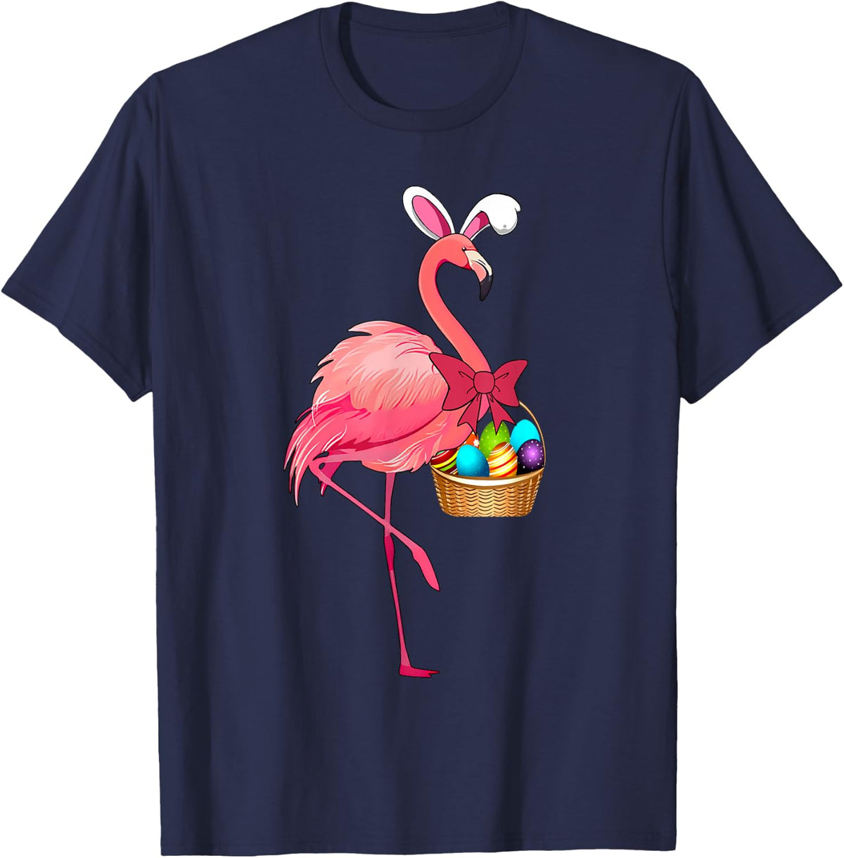 Pretty Easter Flamingo with Easter Basket T-Shirt - Navy Blue