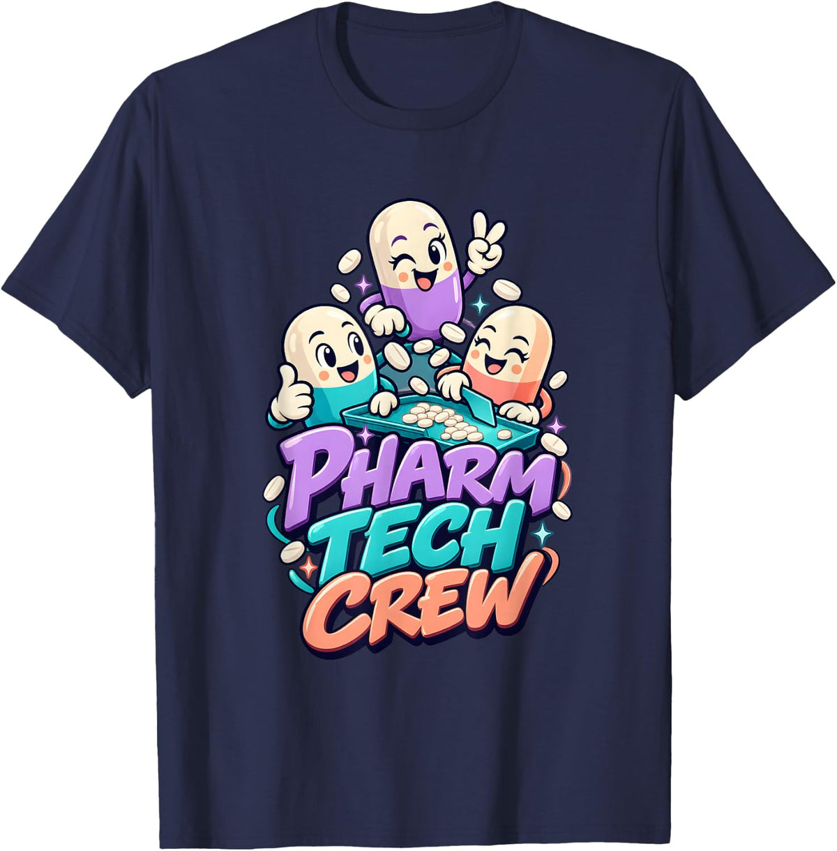 Pharmacy Technician Capsule Characters and Pill Tray T-Shirt - Navy Blue