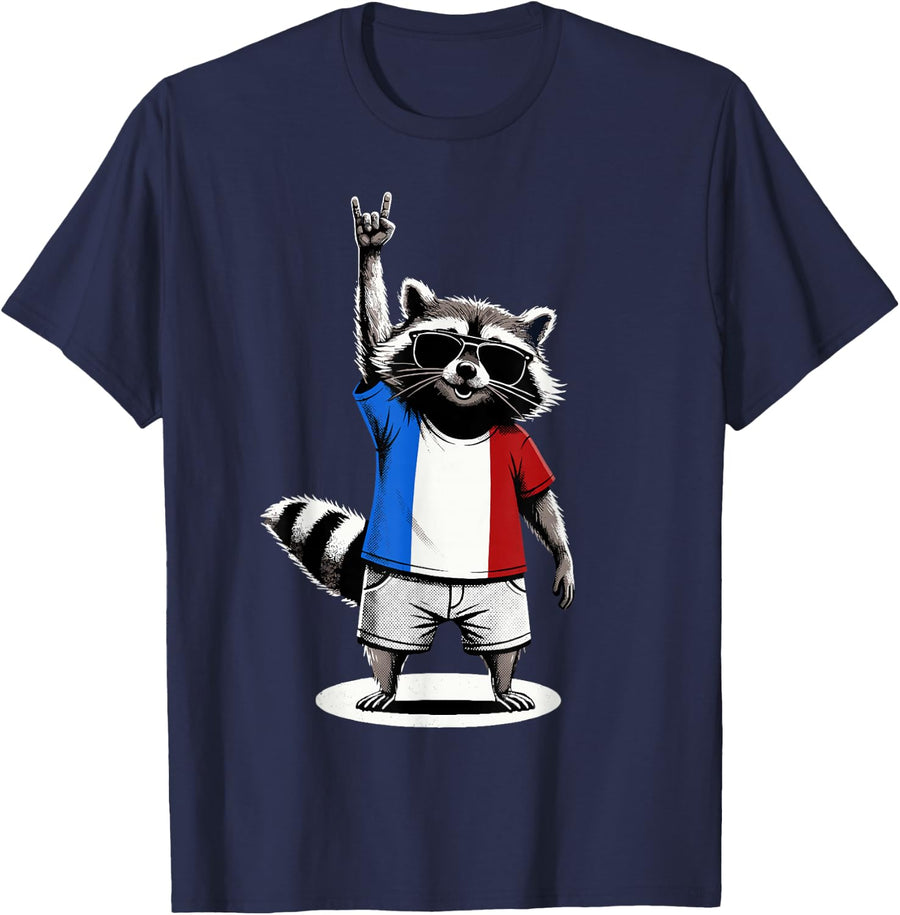 French Flag Raccoon Funny France T-Shirt - Navy Blue