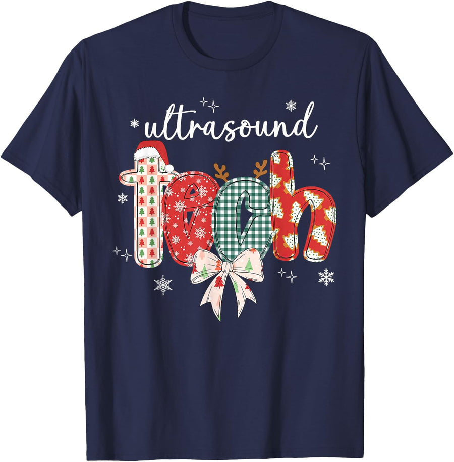 Ultrasound Tech Santa Hat Christmas Bow Sonographer Cardiac T-Shirt - Navy Blue