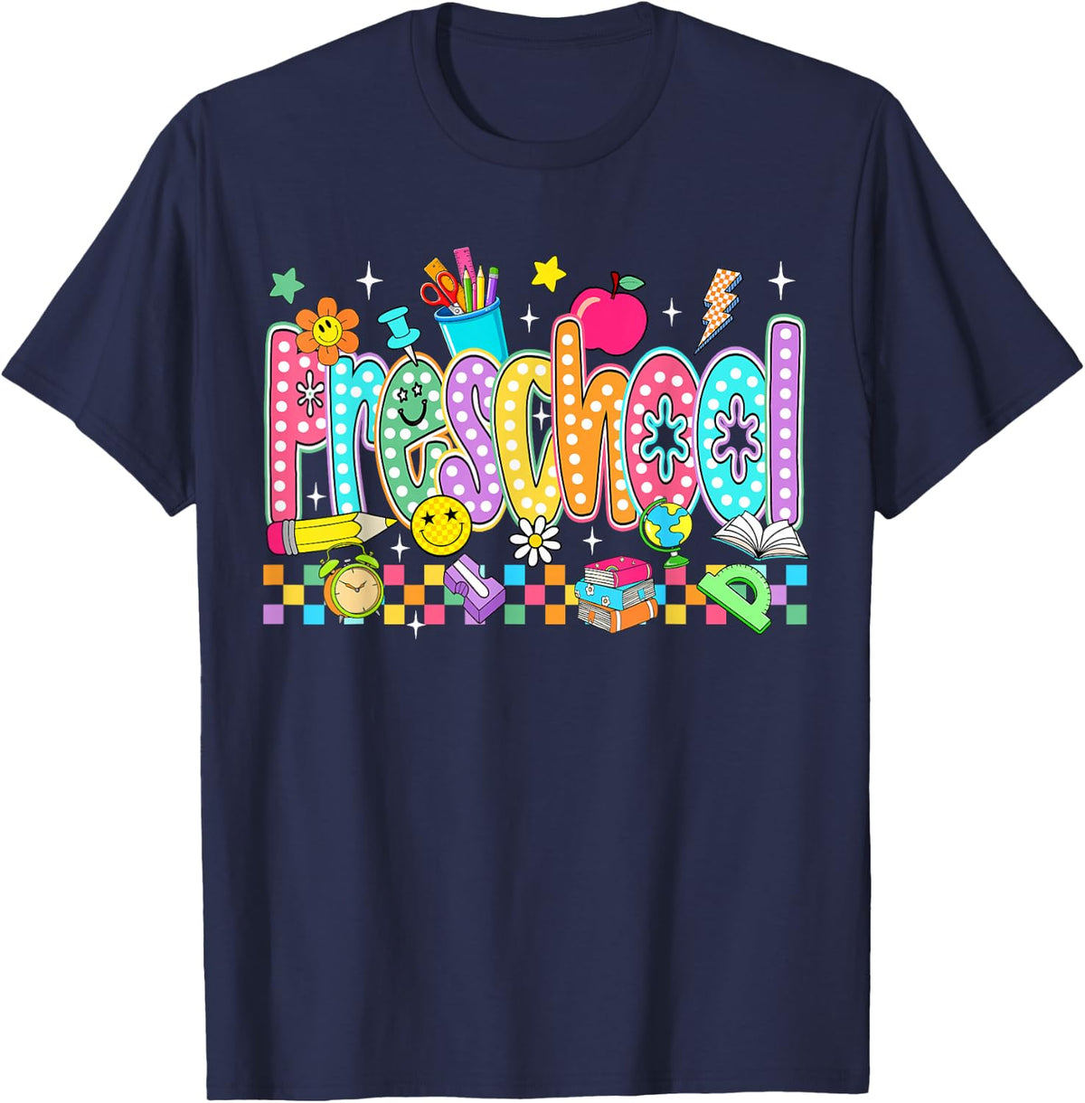 Preppy Preschool Back to School Pre-K Teacher Student Kids T-Shirt - Navy Blue