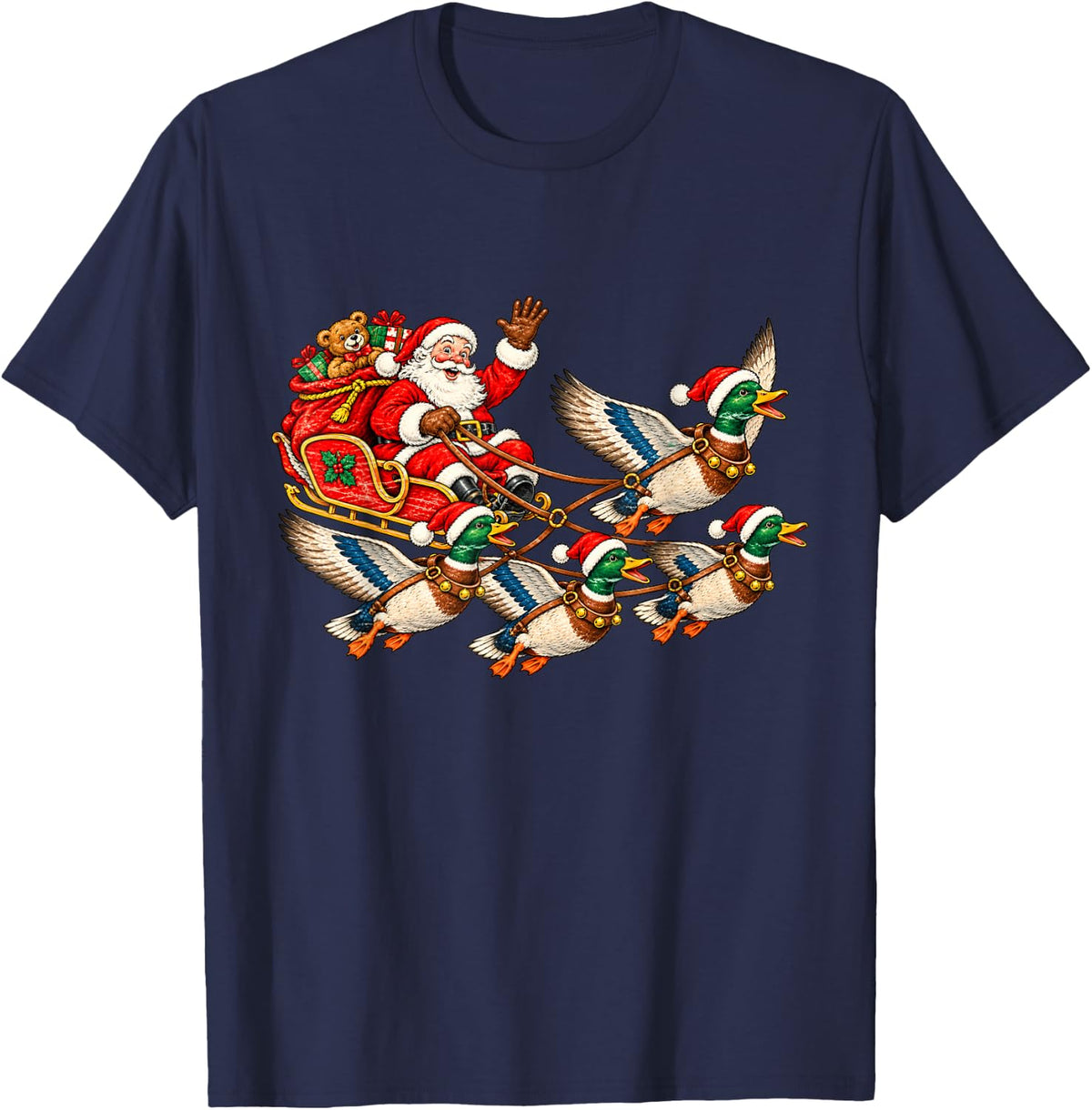 Santa Duck Sleigh Funny Christmas Mallard Ducks Holiday T-Shirt - Navy Blue