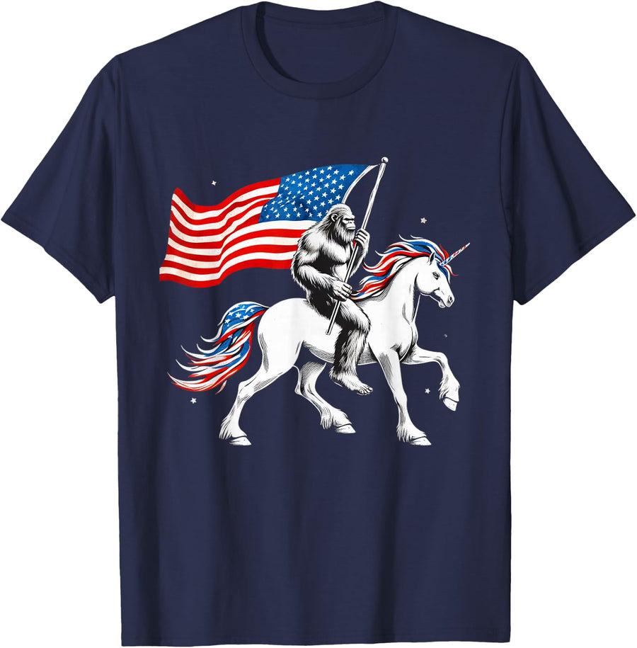 Patriotic Bigfoot Riding Unicorn 4th Of July Sasquatch T-Shirt - Navy Blue