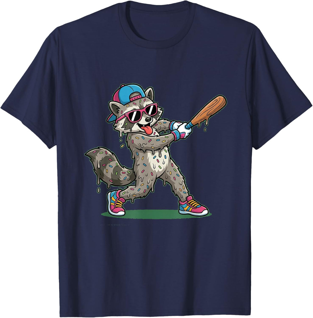 Funny Baseball Raccoon Donut Sprinkle Hitter Trash Panda T-Shirt - Navy Blue