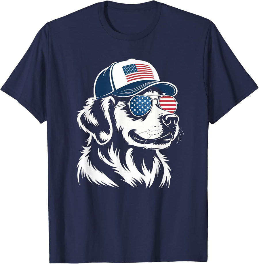 American Flag Golden Retriever USA Sunglasses 4th Of July T-Shirt - Navy Blue