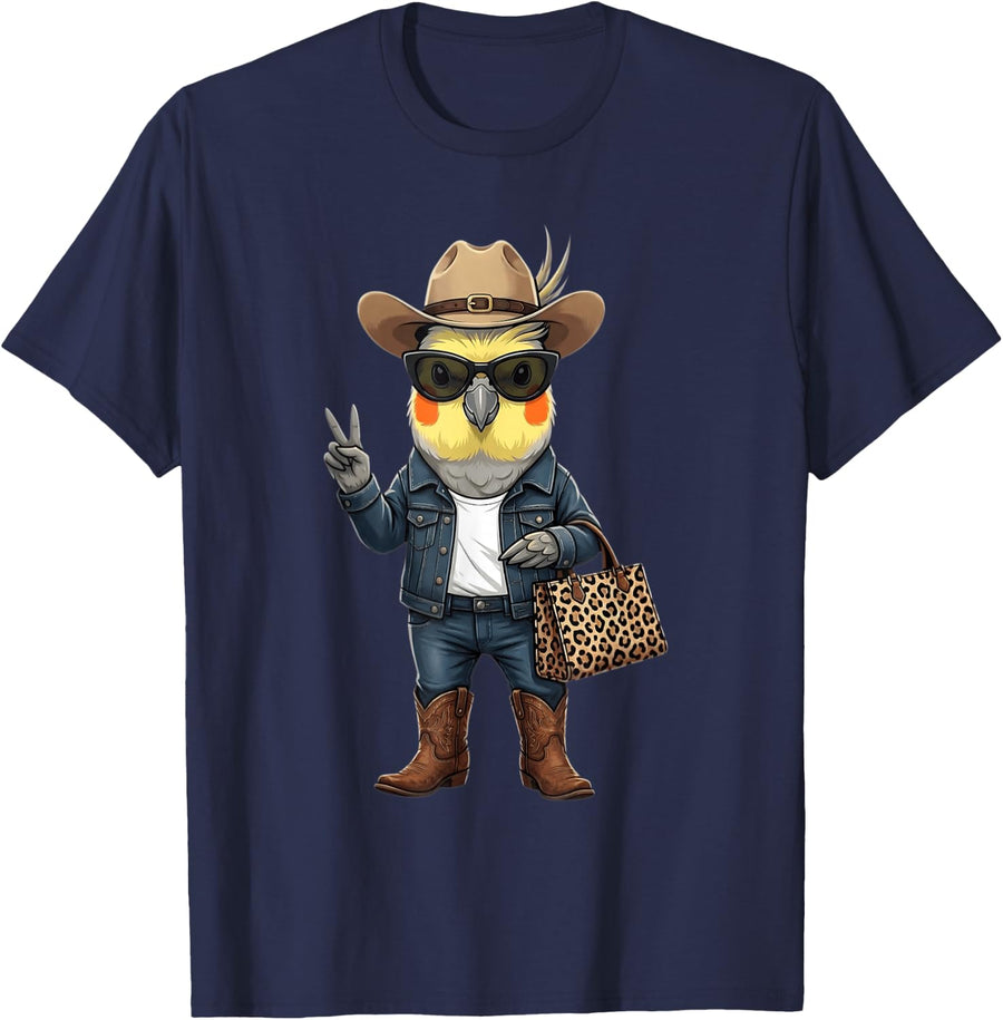 Cute Cockatiel Peace Sign Graphic Girls Women T-Shirt - Navy Blue