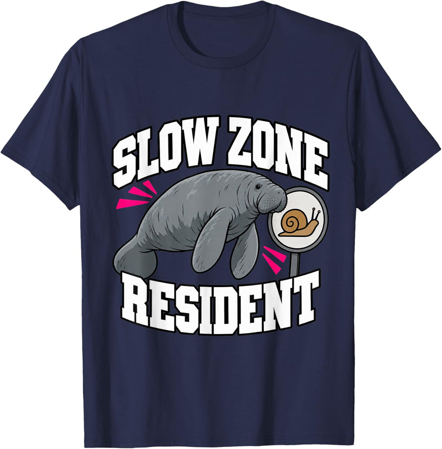 Manatee Slow Zone Resident Snail Lover Funny Florida Ocean T-Shirt - Navy Blue