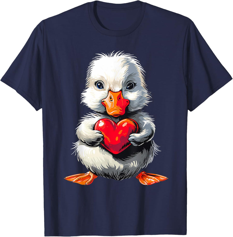 Cute Duck Valentines Day Duck Hugging Heart Love Duck T-Shirt - Navy Blue
