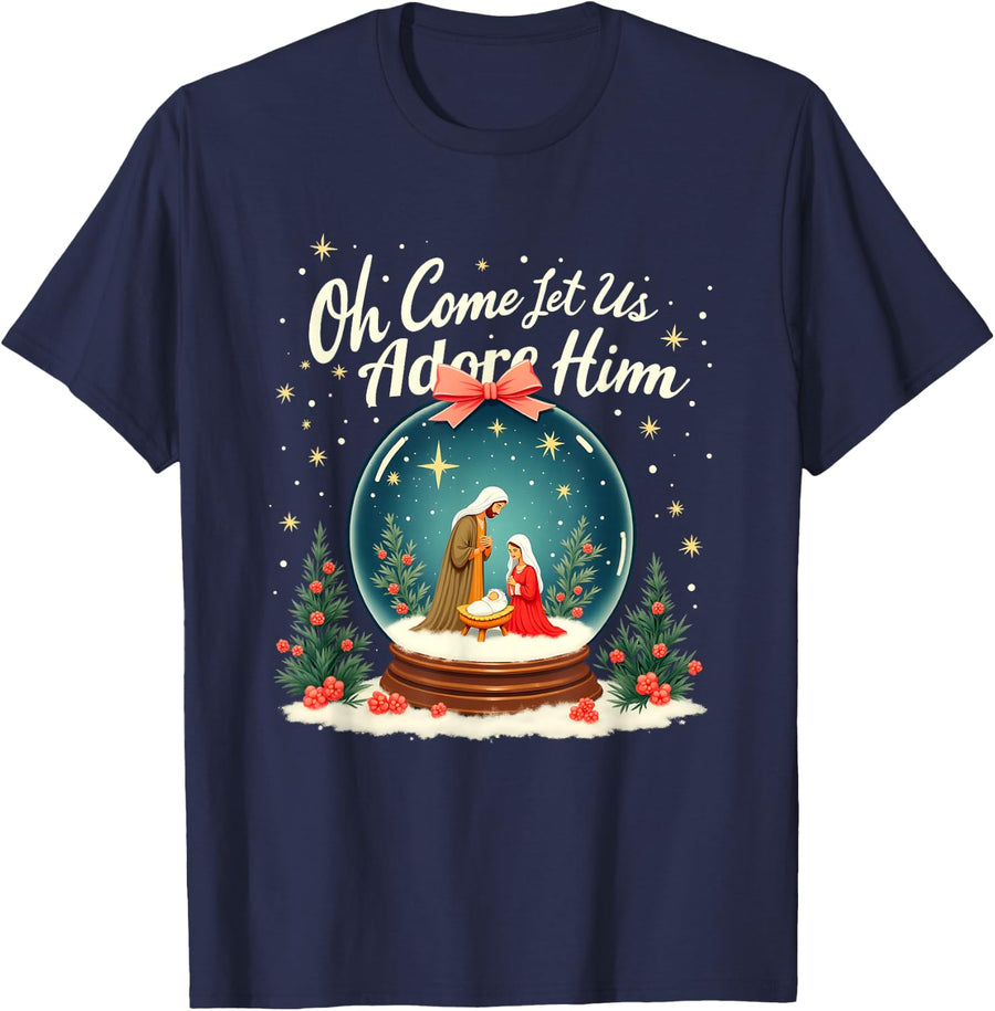Christmas Nativity Scene Oh Come Let Us Adore Him Snow Globe T-Shirt - Navy Blue