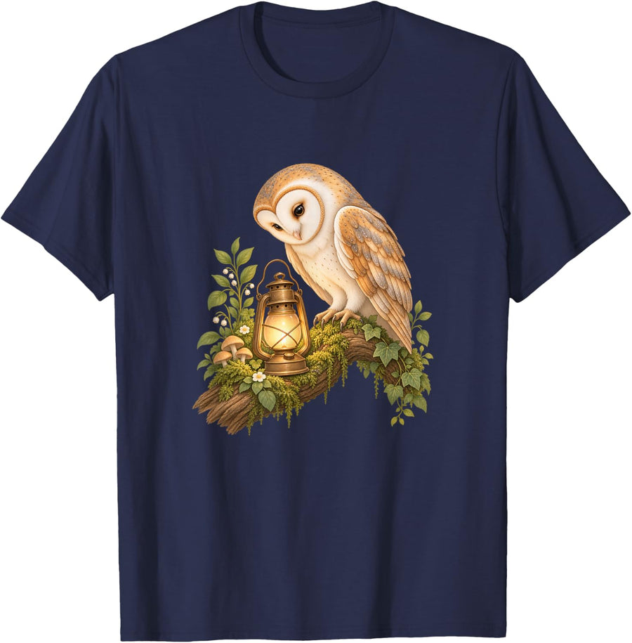 Cute Owl Lantern Woodland Cottagecore Garden T-Shirt - Navy Blue