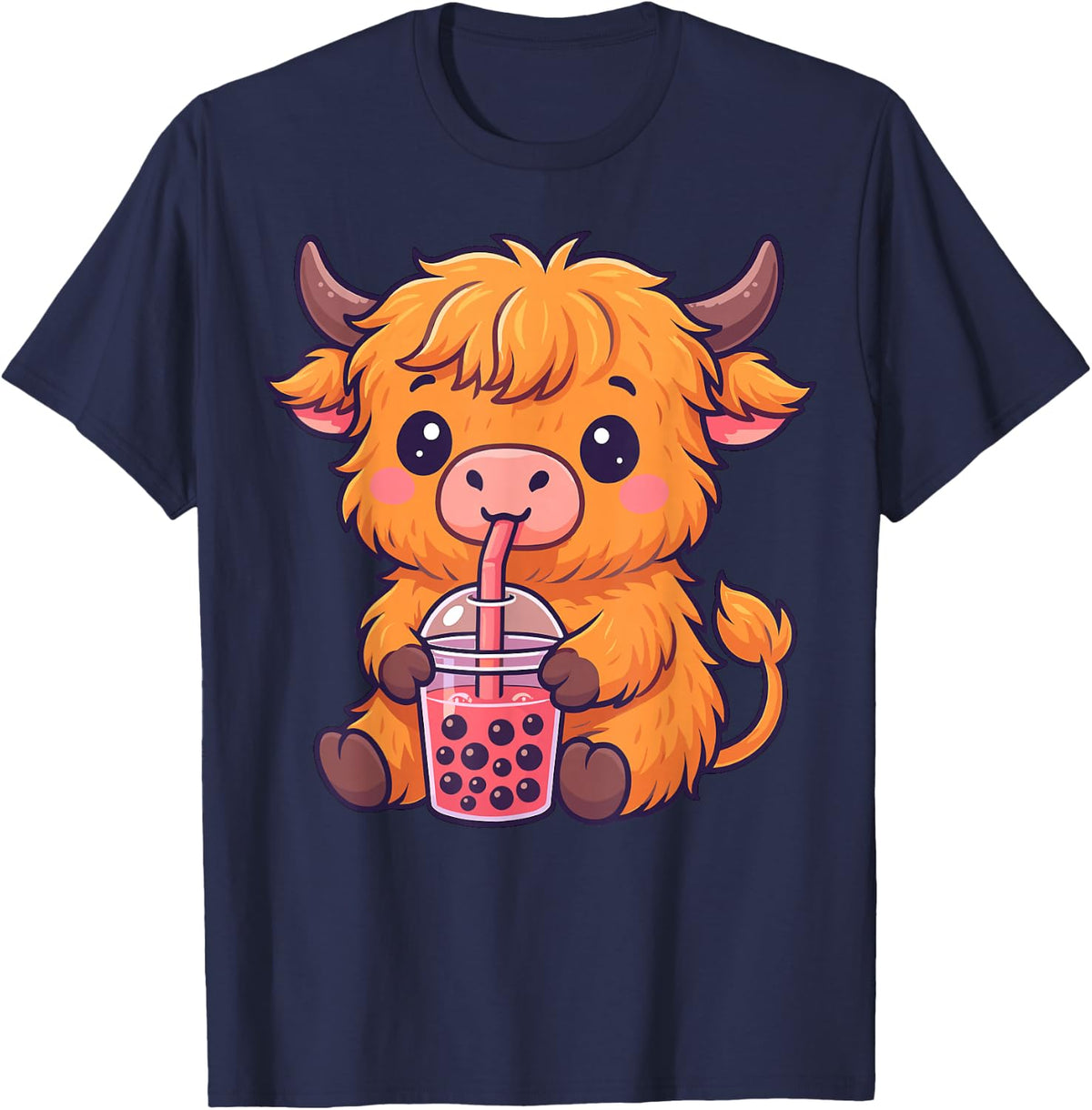 Highland Cow with Boba Bubble Tea T-Shirt - Navy Blue