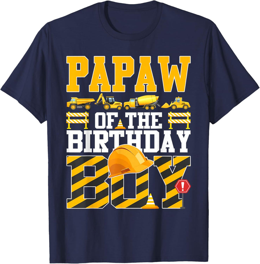 Papaw of The Birthday Boy Construction Excavator Family T-Shirt - Navy Blue