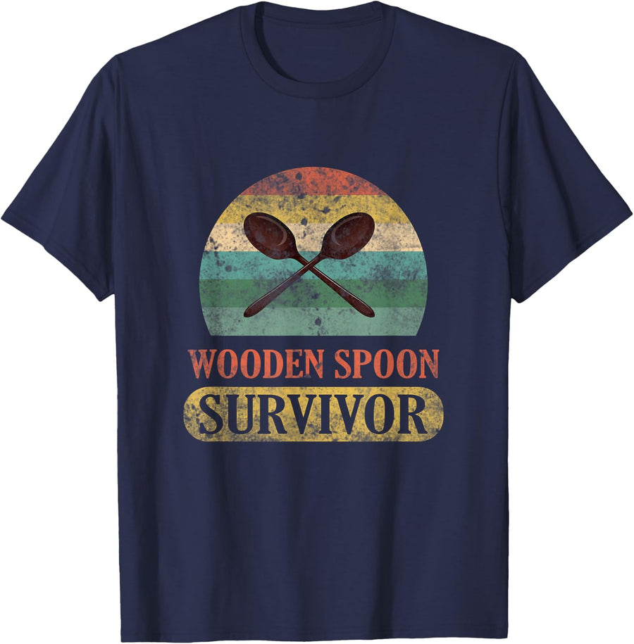 Funny Wooden Spoon Survivor Vintage Retro Humor T-Shirt - Navy Blue
