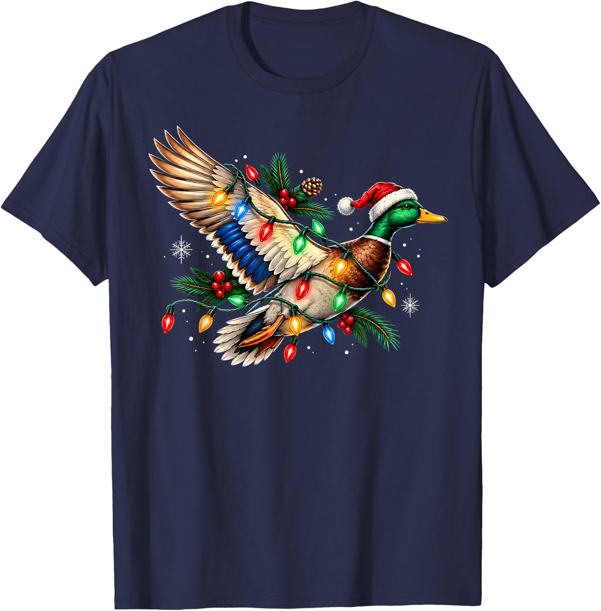 Flying Mallard Duck Santa Hat Christmas Lights Wildlife Tees T-Shirt - Navy Blue