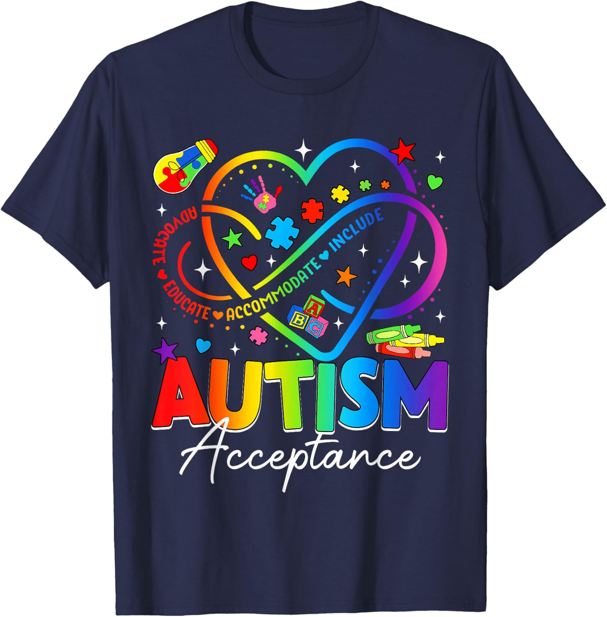 Autism Awareness Acceptance Heart Infinity Symbol Men Women T-Shirt - Navy Blue