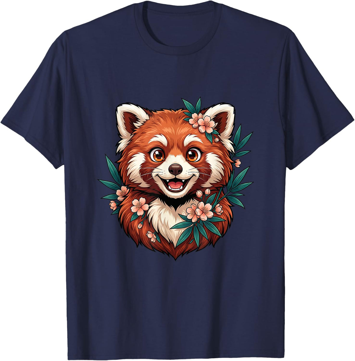 Red Panda with Botanical Flowers T-Shirt - Navy Blue