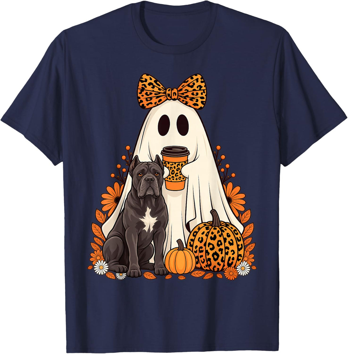 Halloween Ghost Cane Corso Coffee Pumpkin Floral Fall T-Shirt - Navy Blue