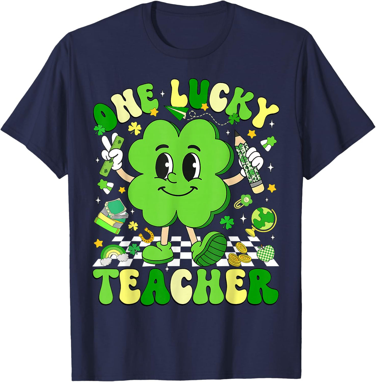 Groovy Shamrock One Lucky Teacher St Patricks Day Women Men T-Shirt - Navy Blue