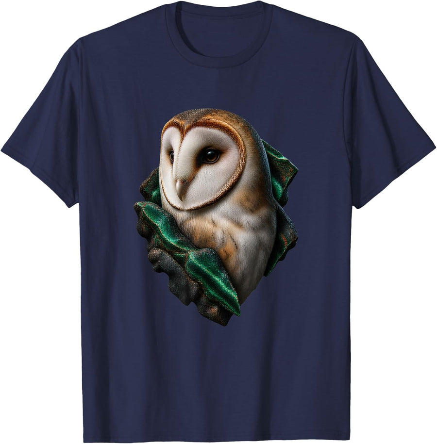 Barn Owl in Malachite Stone Portrait T-Shirt - Navy Blue