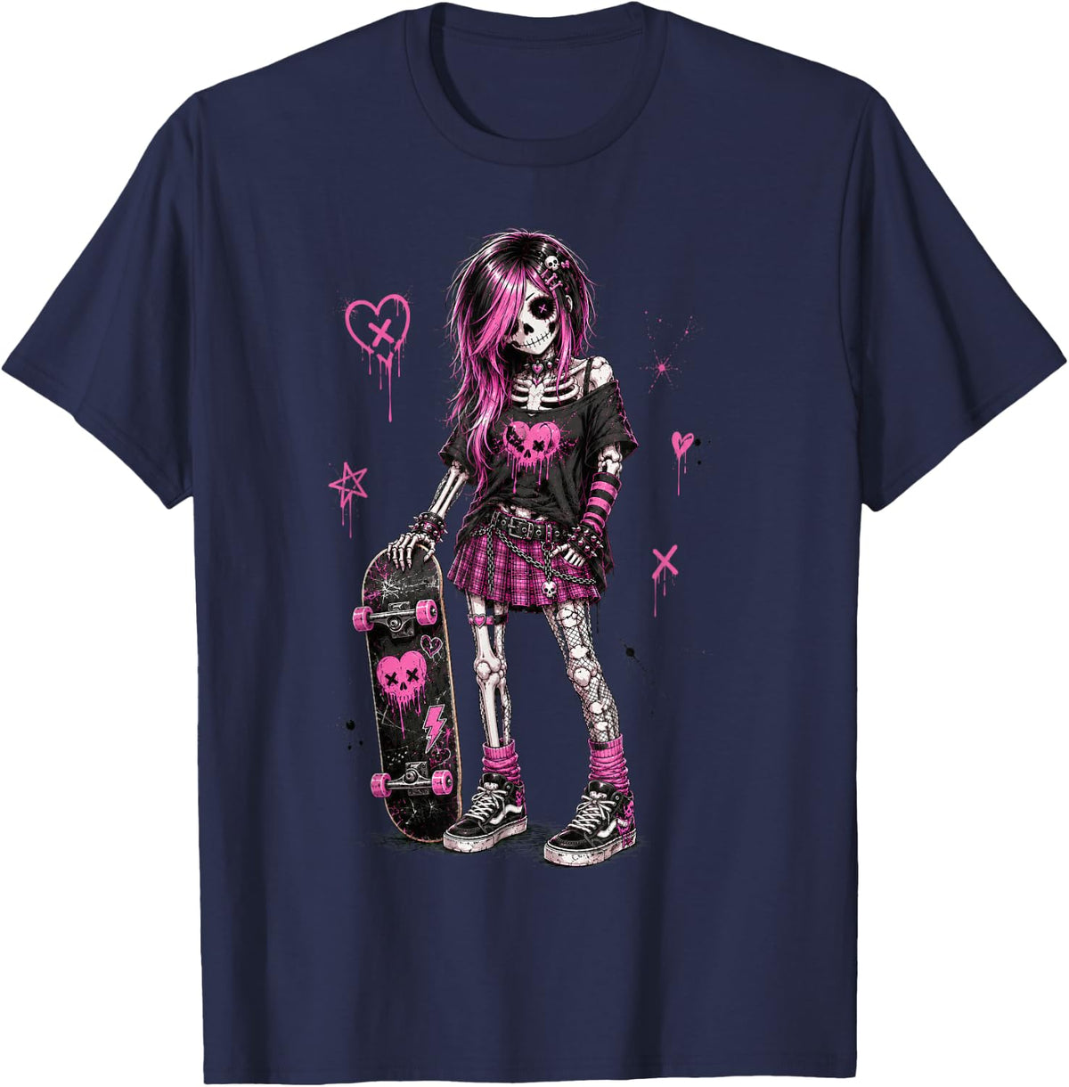 Pastel Gothic Skeleton Skater Goth Girl Emo Aesthetic T-Shirt - Navy Blue