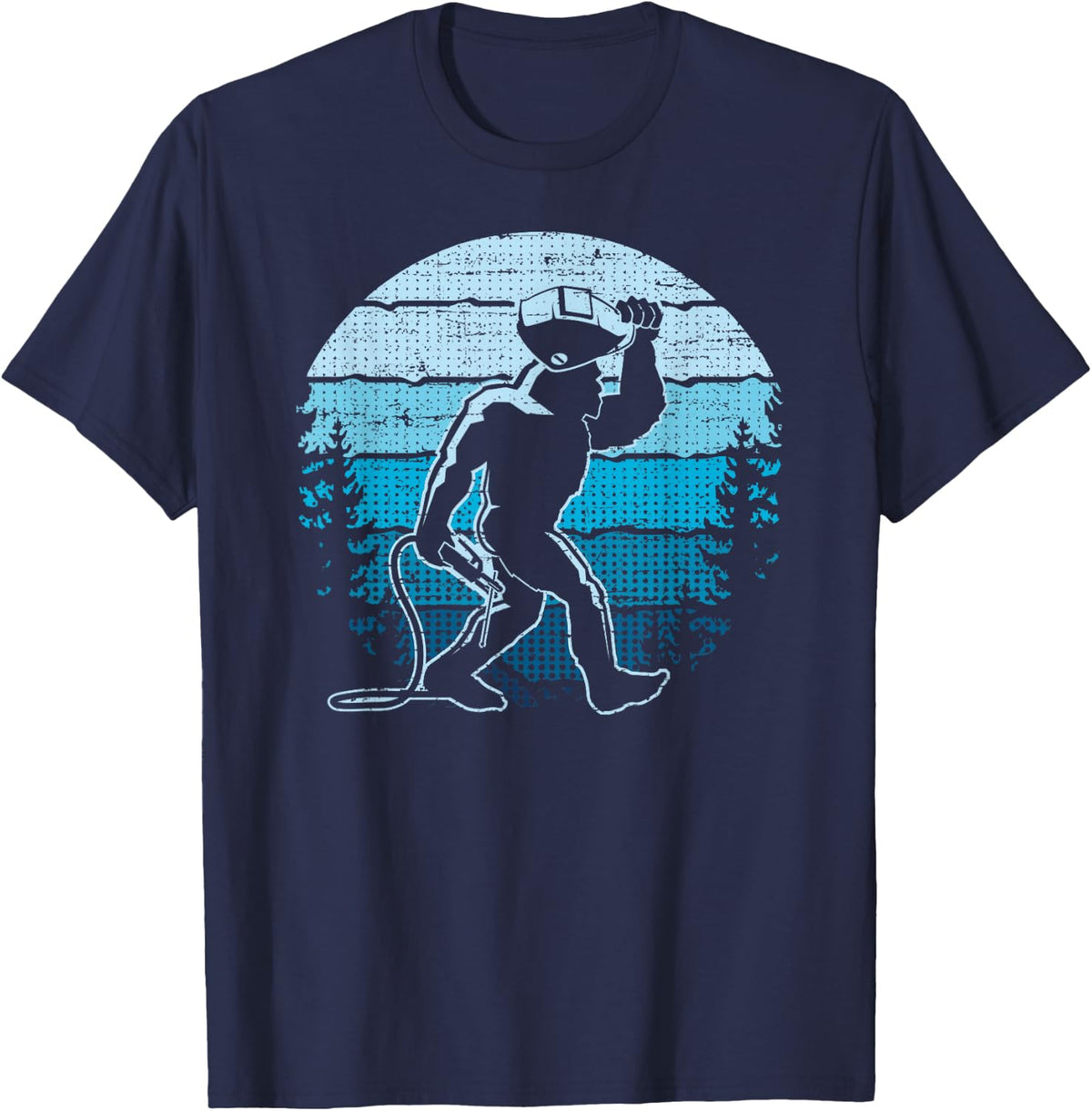 Vintage Bigfoot Welder, Funny Sasquatch Welding - Retro Blue T-Shirt - Navy Blue