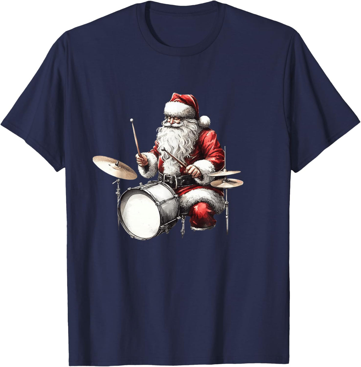 Drummer Santa Funny Christmas Xmas Santa Playing Drums Humor T-Shirt - Navy Blue